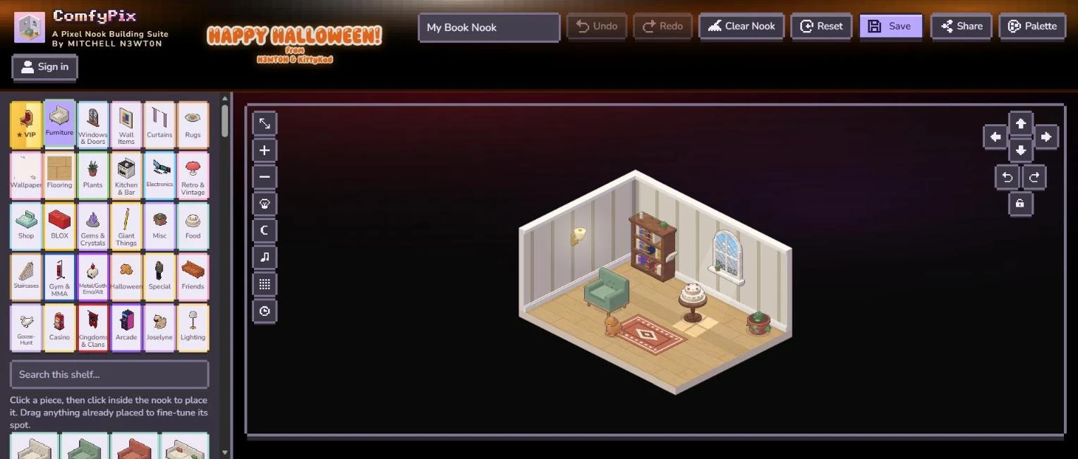 The ComfyPix Corner Nook builder with an item catalogue on the left and an isometric room on the right